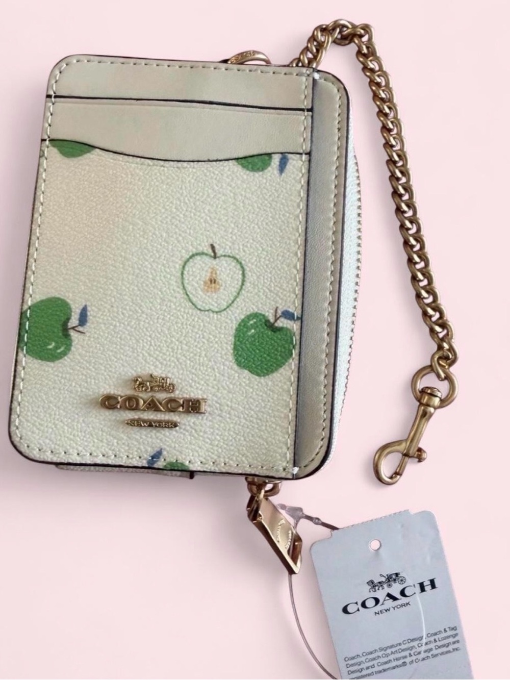 Coach Cream Card Case with Green Apple Print and Gold Hardware